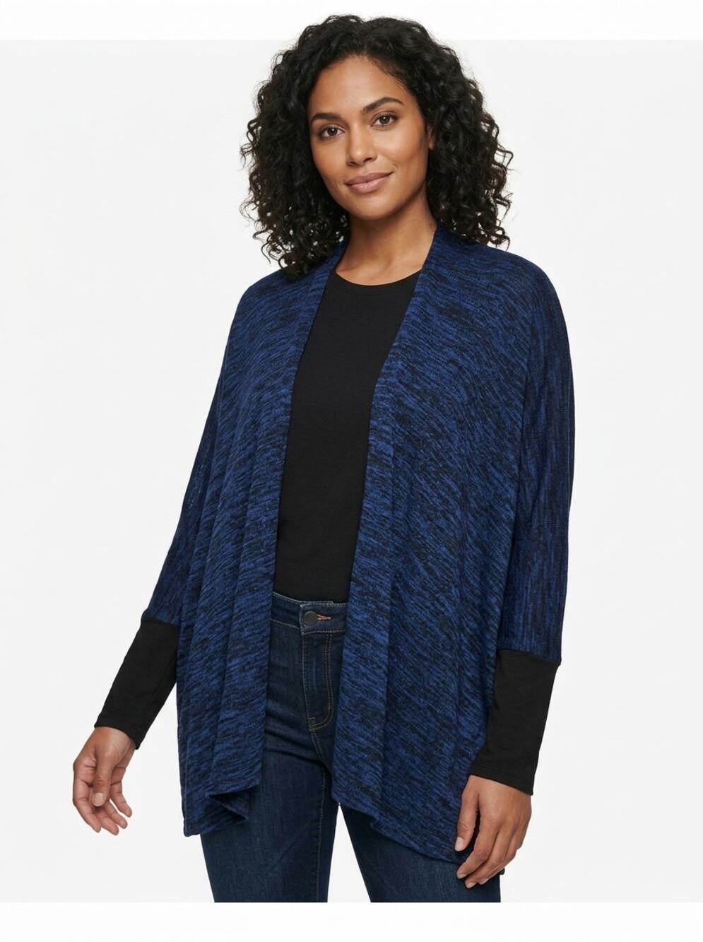Dkny Jeans Blue Black Marled Knit Open Front Drape Cardigan Women Size L
